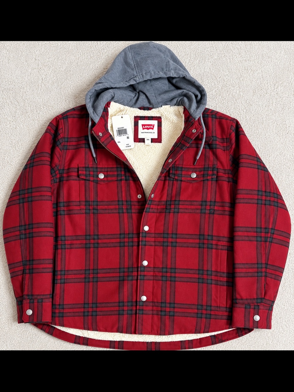 Levi's Red and Black Plaid Sherpa-Lined Hooded Shirt Jacket with Gray Hoodie